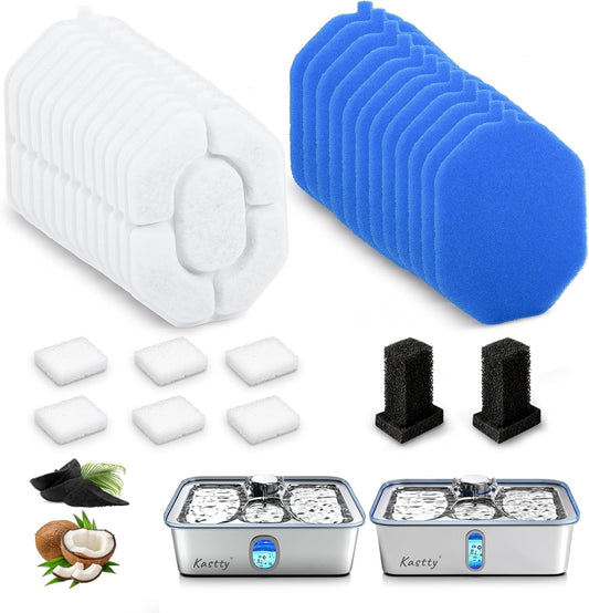 Kastty 17L Dog Water Fountain Filter Replacement Pet Fountain Filters Made of Activated Carbon and PP Cotton,12 Pack Replacement Filters、12 Pack Pre-Filter Sponge 2 Cotton Pads with 6 Pump Sponge