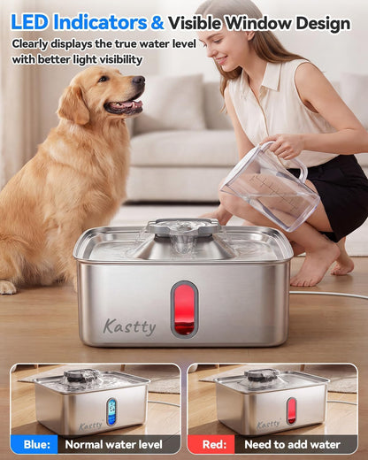 Kastty 15L/3.96 Gal Stainless Steel Dog Water Bowl Dispenser, Large Capacity Dog Water Fountain Quiet LED Light Triple Filtration BPA-Free