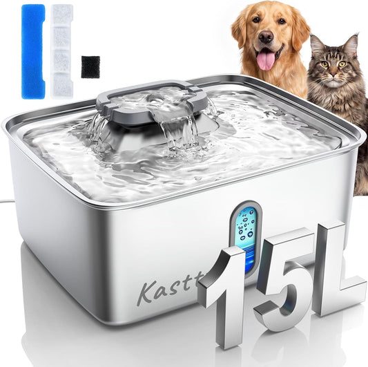 Kastty 15L/3.96 Gal Stainless Steel Dog Water Bowl Dispenser, Large Capacity Dog Water Fountain Quiet LED Light Triple Filtration BPA-Free