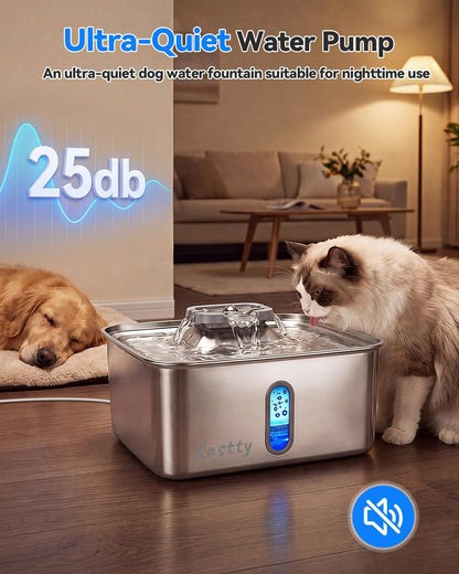Kastty 15L/3.96 Gal Stainless Steel Dog Water Fountain, Large Capacity Dog Water Bowl Dispenser Quiet LED Light Triple Filtration BPA-Free, Automatic Pet Water Fountain Easy Cleaning Grey FS78
