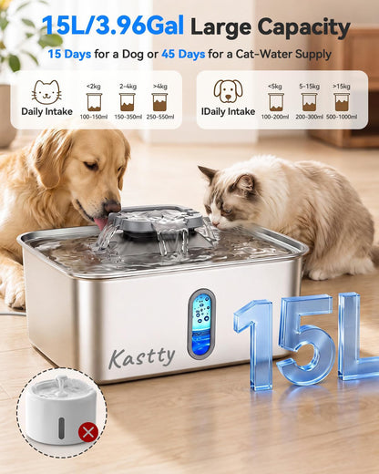 Kastty 15L/3.96 Gal Stainless Steel Dog Water Bowl Dispenser, Large Capacity Dog Water Fountain Quiet LED Light Triple Filtration BPA-Free