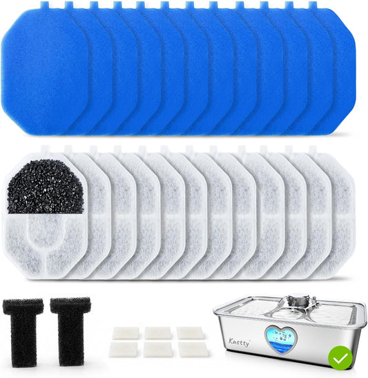Kastty 17L Dog Water Fountain Filter Replacement, 12 Pack Filters for Stainless Steel Pet Water Fountain, 6-Stage Filtration, Activated Carbon & PP Cotton, for Large Dog, Multi-Pet Home