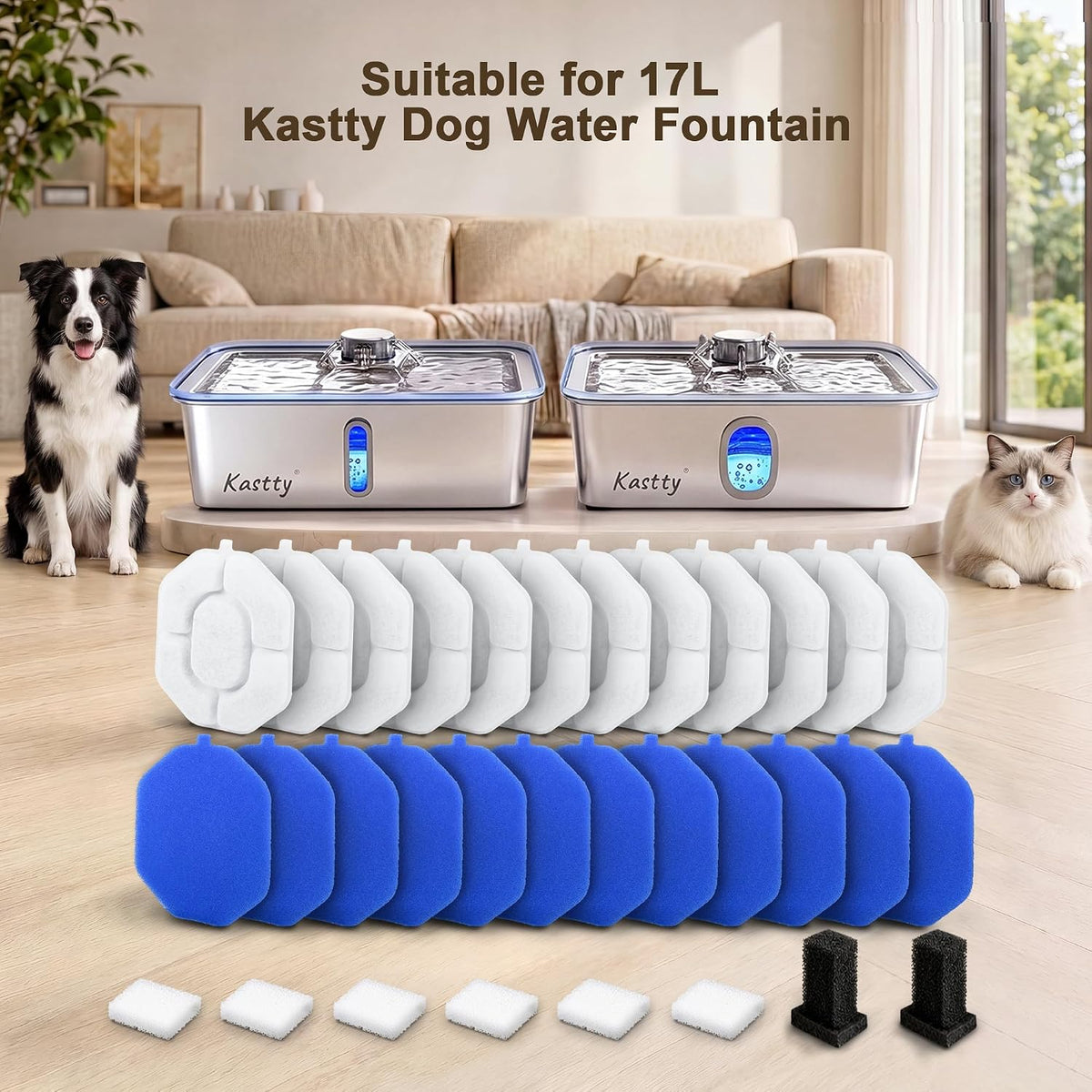 Kastty 17L Dog Water Fountain Filter Replacement Pet Fountain Filters Made of Activated Carbon and PP Cotton,12 Pack Replacement Filters、12 Pack Pre-Filter Sponge 2 Cotton Pads with 6 Pump Sponge