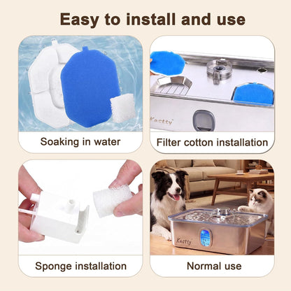 Kastty 17L Dog Water Fountain Filter Replacement Pet Fountain Filters Made of Activated Carbon and PP Cotton,12 Pack Replacement Filters、12 Pack Pre-Filter Sponge 2 Cotton Pads with 6 Pump Sponge
