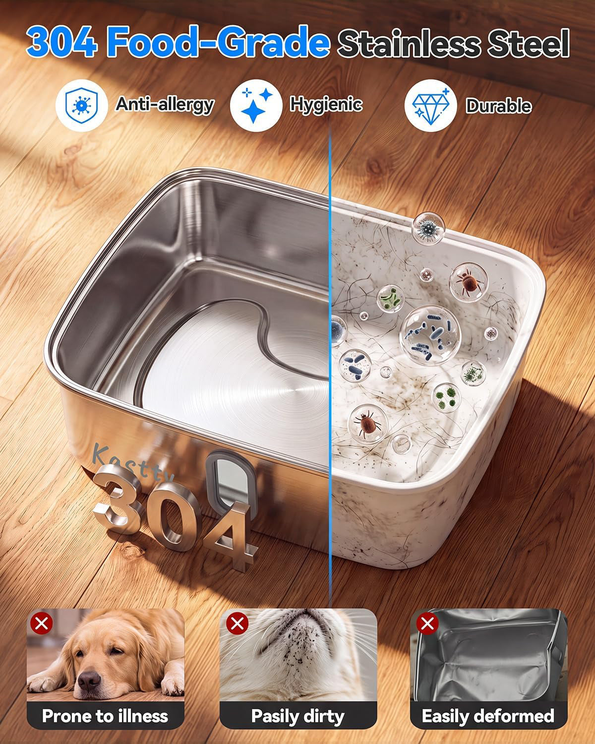 Kastty 15L/3.96 Gal Stainless Steel Dog Water Fountain, Large Capacity Dog Water Bowl Dispenser Quiet LED Light Triple Filtration BPA-Free, Automatic Pet Water Fountain Easy Cleaning Grey FS78