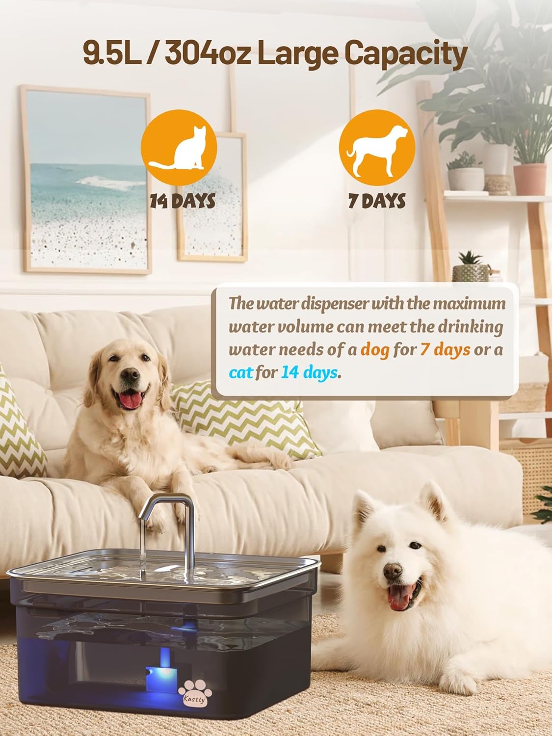 Kastty Dog Water Fountain for Large Dogs, 2.8Gal/10.5L Stainless Steel Cat Water Fountain