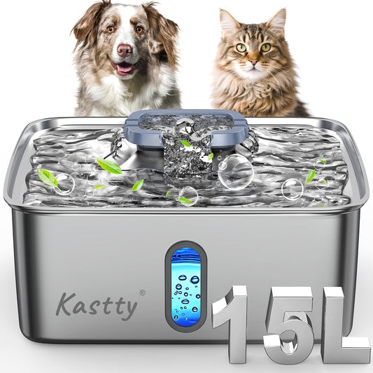 Kastty 15L/3.96 Gal Stainless Steel Dog Water Fountain, Large Capacity Dog Water Bowl Dispenser Quiet LED Light Triple Filtration BPA-Free, Automatic Pet Water Fountain Easy Cleaning Grey FS78