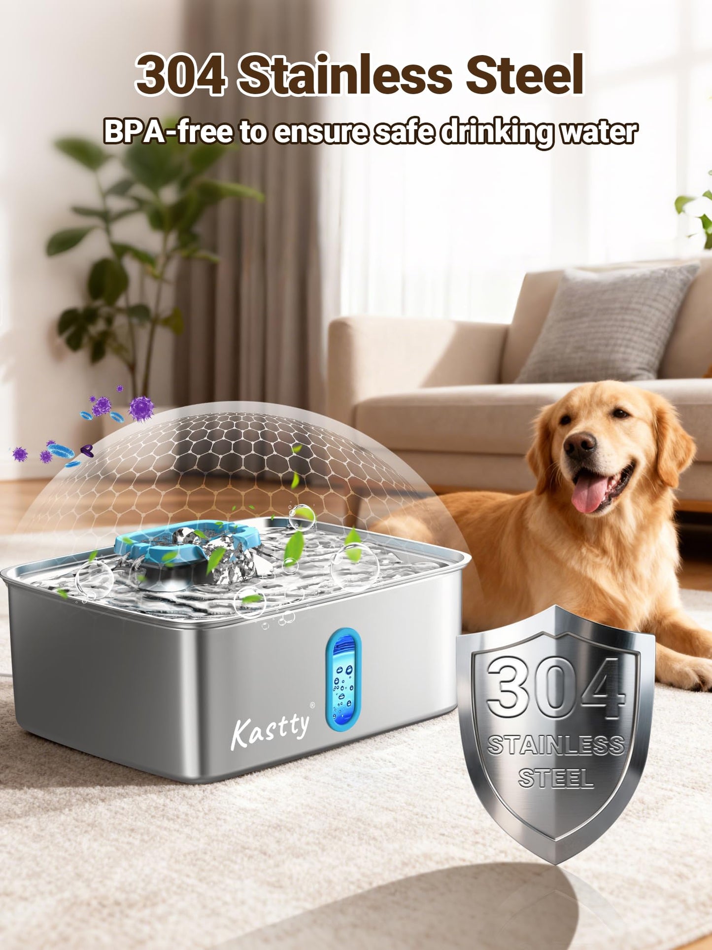 Kastty 15L/3.96 Gal Large Capacity Dog Water Bowl Dispenser,Stainless Steel Dog Water Fountain Quiet LED Light Triple Filtration Dog Water Bowl, Automatic Pet Water Fountain Easy Cleaning Blue FS78